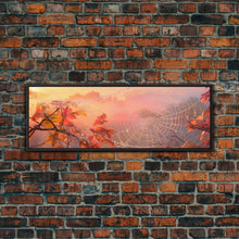 Load image into Gallery viewer, Dew Covered Spiderweb In The Fall, Framed Canvas Print, Autumn Centerpiece, Fall Leaves In The Autumn
