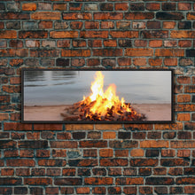 Carregar imagem no visualizador da galeria, Campfire On The Beach, Framed Canvas Print, Lakehouse Wall Art, Ocean Decor, Ocean Wall Art, Home &amp; Office Decoration
