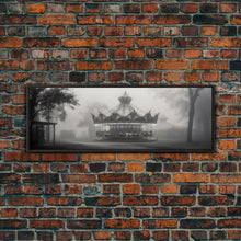 Load image into Gallery viewer, Creepy Carousel / Merry Go Round Wall Art, Framed Canvas Print, Black And White Art
