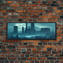 Load image into Gallery viewer, Dystopian Cyberpunk Metropolis, Steampunk Mashup, Extra Large Wall Art, Framed Panoramic Canvas Print, Framed Wall Art
