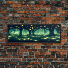 Carregar imagem no visualizador da galeria, Fantasy Forest At Night With Fireflies, Extra Large Wall Art, Framed Panoramic Canvas Print, Framed Wall Art
