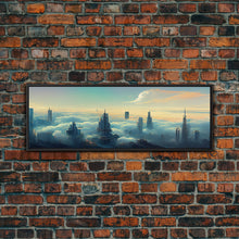 Load image into Gallery viewer, Cyberpunk City Above The Clouds, Futuristic Metropolis, Extra Large Wall Art, Framed Panoramic Canvas Print, Framed Wall Decor
