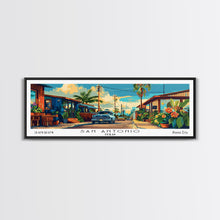 Load image into Gallery viewer, San Antonio Texas Panoramic Wall Art, Mid Century Modern Framed Canvas Print, Retro Pop Art Travel Poster, Home Decor
