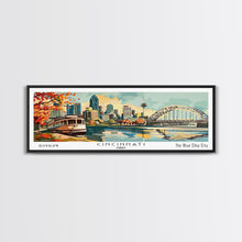 Cargar imagen en el visor de la galería, Cincinnati Ohio Panoramic Wall Art, Retro Pop Art Framed Canvas Print, Mid Century Modern Travel Poster, Living Room Decor, Wall Hanging, Office Art
