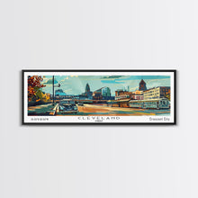 Load image into Gallery viewer, Cleveland Ohio Panoramic Wall Art, Mid Century Modern Framed Canvas Print, Retro Pop Art Travel Poster, Office Wall Art, Living Room Decor

