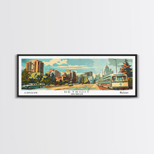 Load image into Gallery viewer, Detroit Michigan Panoramic Wall Art, Mid Century Modern Framed Canvas Print, Retro Pop Art Travel Poster, Office Art, Living Room Decor
