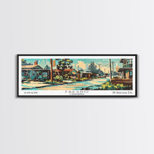 Carregar imagem no visualizador da galeria, Fresno California Panoramic Wall Art, Retro Pop Art Framed Canvas Print, Mid Century Modern Travel Poster, Living Room Decor, Wall Hanging, Office Art
