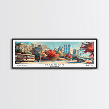 Load image into Gallery viewer, Madison Wisconsin Panoramic Painting, Mid Century Modern Framed Canvas Print, Retro Pop Art Travel Poster, Wall Art, Home Decor, Office Wall Art, Living Room Decor
