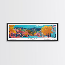 Carregar imagem no visualizador da galeria, Arvada Colorado Panoramic Painting, Mid Century Modern Framed Canvas Print, Retro Pop Art Travel Poster, Living Room Wall Art, City Print

