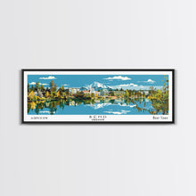 Load image into Gallery viewer, Bend Oregon Panoramic Painting, Mid Century Modern Framed Canvas Print, Retro Pop Art Travel Poster, City Wall Art Decor, Office Art

