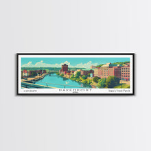 Load image into Gallery viewer, Davenport Iowa Panoramic Wall Art, Mid Century Modern Framed Canvas Print, Retro Pop Art Travel Poster, City Art Gift, Home Decor
