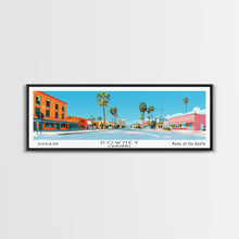 Load image into Gallery viewer, Downey California Panoramic Wall Art, Mid Century Modern Framed Canvas Print, Retro Pop Art Travel Poster, City Living Room Decor, Home Decor
