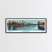 Load image into Gallery viewer, Durham North Carolina Panoramic Painting, Framed Canvas Print, Mid Century Modern Wall Art, Retro Pop Art Travel Poster, Home Decor, City Art
