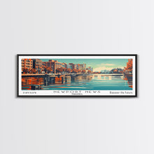 Load image into Gallery viewer, Newport News Virginia Panoramic Wall Art, Mid Century Modern Framed Canvas Print, Retro Pop Art Travel Poster, Office Decor, Cityscape Art
