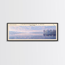 Cargar imagen en el visor de la galería, Chautauqua Lake New York Framed Canvas Print, Lake House Art, Panoramic Wide Wall Art, Travel Poster, Modern Lake Painting, Nature Art

