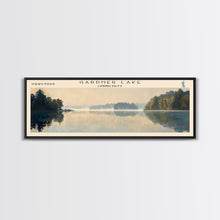 Load image into Gallery viewer, Gardner Lake Connecticut Framed Canvas Print, Lake House Art, Panoramic Wall Art, Travel Poster, Tranquil Lake Painting, Home Decor
