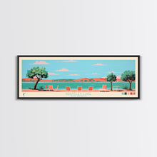 Load image into Gallery viewer, Brantley Lake New Mexico Framed Canvas Print, Midcentury Modern Panoramic Wall Art, Living Room Decor, Pop Art, Travel Poster Art, Scenic Nature Painting
