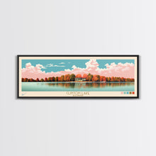 Load image into Gallery viewer, Clinton Lake Illinois Framed Canvas Print, Midcentury Modern Panoramic Wall Art, Living Room Decor, Pop Art, Travel Poster Art, Scenic Nature Painting, Lake House Decor
