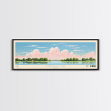Load image into Gallery viewer, Coralville Lake Iowa Framed Canvas Print, Midcentury Modern Panoramic Wall Art, Living Room Decor, Pop Art, Travel Poster Art, Scenic Nature Painting, Lake House Decor
