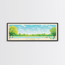 Load image into Gallery viewer, Crab Orchard Lake Illinois Framed Canvas Print, Midcentury Modern Panoramic Wall Art, Living Room Decor, Pop Art, Travel Poster Art, Scenic Nature Painting, Lake House Decor
