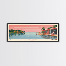 Load image into Gallery viewer, Dallas Lake Indiana Framed Canvas Print, Midcentury Modern Panoramic Wall Art, Bedroom Decor, Pop Art, Travel Poster Art, Scenic Nature Painting
