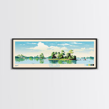 Load image into Gallery viewer, Enid Lake Mississippi Framed Canvas Print, Panoramic Art, Midcentury Modern, Pop Art, Living Room Decor, Travel Poster, Lake Painting
