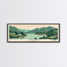 Load image into Gallery viewer, Lake Nacimiento California Framed Canvas Print, Panoramic Wall Art, Midcentury Modern, Pop Art, Living Room Decor, Travel Poster, Lake House Art
