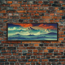 Carregar imagem no visualizador da galeria, Beautiful Fantasy Mountain Landscape With Orange Clouds, Framed Canvas Print, Ready To Hang Panoramic Wall Decorr

