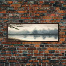 Load image into Gallery viewer, Panoramic Framed Canvas Print of Misty Fog Covered Lake and Pine Tree Forest, Perfect for Living Room, Bedroom, Fog Covered Lake

