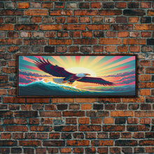 Carregar imagem no visualizador da galeria, American Bald Eagle, Panoramic Wall Art, Framed Canvas, Retro Style Eagle Painting, Synthwave Ocean Sunset Art
