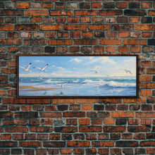 Load image into Gallery viewer, Blue Beach, Ocean Waves &amp; Seagulls Panoramic Framed Canvas Print - Perfect for Living Room, Bedroom, Office Decor
