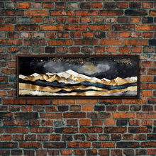 Carregar imagem no visualizador da galeria, Black &amp; Gold Mountain Landscape Painting, Framed Canvas Print, Panoramic Art, Extra Wide Art, Center Piece Decor, Above Fireplace or Sofa
