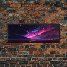 Load image into Gallery viewer, Beautiful Science Fiction Wall Art, Synthwave Style Scifi Art, Framed Canvas Print, Panoramic Alien Worlds and Star Filled Night Sky
