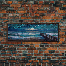 Load image into Gallery viewer, Panoramic Van Gogh Inspired Beach, Framed Canvas Print, Cool Painting, Full Moon Over Rolling Waves, Soothing Abstract Beach Decor
