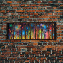 Load image into Gallery viewer, Abstract Forest Art, Woods Wall Art, Forest Art Print, Sparklers, Stars, Colorful Canvas Print, Panoramic, Wall Art, Canvas Print
