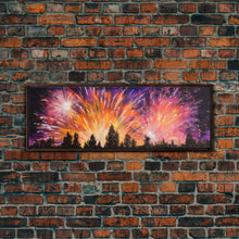 Carregar imagem no visualizador da galeria, Fireworks Over Forest Canvas Art Print, Woods, Pines Trees, Wall Decor, Framed Large Canvas Print, Panoramic, Wall Art, Canvas Print
