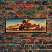 Load image into Gallery viewer, Wild West Canvas Art, Ready To Hang Canvas Print, Panoramic Art, Old West Saloon On Fire
