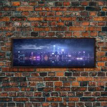 Load image into Gallery viewer, Cyberpunk Hong Kong City Skyline, Framed Canvas Print, Cyberpunk Style Wall Art, Synthwave Decor, Videogame Concept Art
