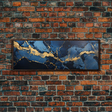 Carregar imagem no visualizador da galeria, Black, Blue and Gold Marble Canvas Wall Art, Abstract Canvas Art, Panoramic Art, Large Wall Art, Marble Wall Decor, Large Canvas Modern Art
