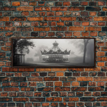 Load image into Gallery viewer, Creepy Carousel / Merry Go Round Wall Art, Framed Canvas Print, Black And White Art
