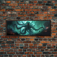 Load image into Gallery viewer, Rise Of Cthulhu Framed Canvas Print, Panoramic Call of Cthulhu H.P. Lovecraft Cosmic Horror Steampunk Gothic Darrk Art Wall Decor
