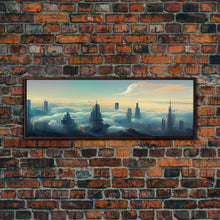 Load image into Gallery viewer, Cyberpunk City Above The Clouds, Futuristic Metropolis, Extra Large Wall Art, Framed Panoramic Canvas Print, Framed Wall Decor
