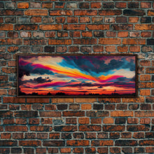 Carregar imagem no visualizador da galeria, Beautiful Panoramic Watercolor Sunset, Extra Large Wall Art, Framed Panoramic Canvas Print, Framed Wall Art
