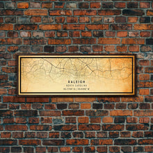 Load image into Gallery viewer, Panoramic Raleigh North Carolina map print poster or framed canvas, Raleigh map print poster canvas, city map Canvas print, Travel Art

