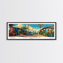 Load image into Gallery viewer, San Antonio Texas Panoramic Wall Art, Mid Century Modern Framed Canvas Print, Retro Pop Art Travel Poster, Home Decor
