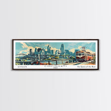 Cargar imagen en el visor de la galería, Cincinnati Ohio Panoramic Wall Art, Retro Pop Art Framed Canvas Print, Mid Century Modern Travel Poster, Living Room Decor, Wall Hanging, Office Art

