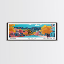 Carregar imagem no visualizador da galeria, Arvada Colorado Panoramic Painting, Mid Century Modern Framed Canvas Print, Retro Pop Art Travel Poster, Living Room Wall Art, City Print
