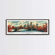Cargar imagen en el visor de la galería, Columbus Ohio Panoramic Wall Art, Mid Century Modern Framed Canvas Print, Retro Pop Art Travel Poster, City Living Room Decor, Office Wall Art
