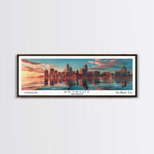 Load image into Gallery viewer, Detroit Michigan Panoramic Painting, Mid Century Modern Framed Canvas Print, Retro Pop Art Travel Poster, City Wall Decor, Home Art
