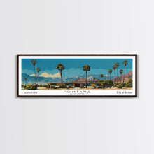 Carregar imagem no visualizador da galeria, Fontana California Panoramic Painting, Mid Century Modern Framed Canvas Print, Retro Pop Art Travel Poster, Living Room Wall Art
